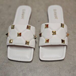 White Studded Slide Sandals With Quilted Strap Design Square Toe Womens